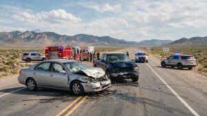 Car accident on a rural highway near Yerington with emergency vehicles responding.
