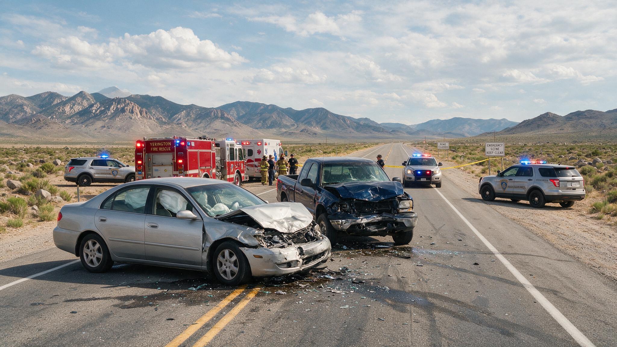 Car accident on a rural highway near Yerington with emergency vehicles responding.